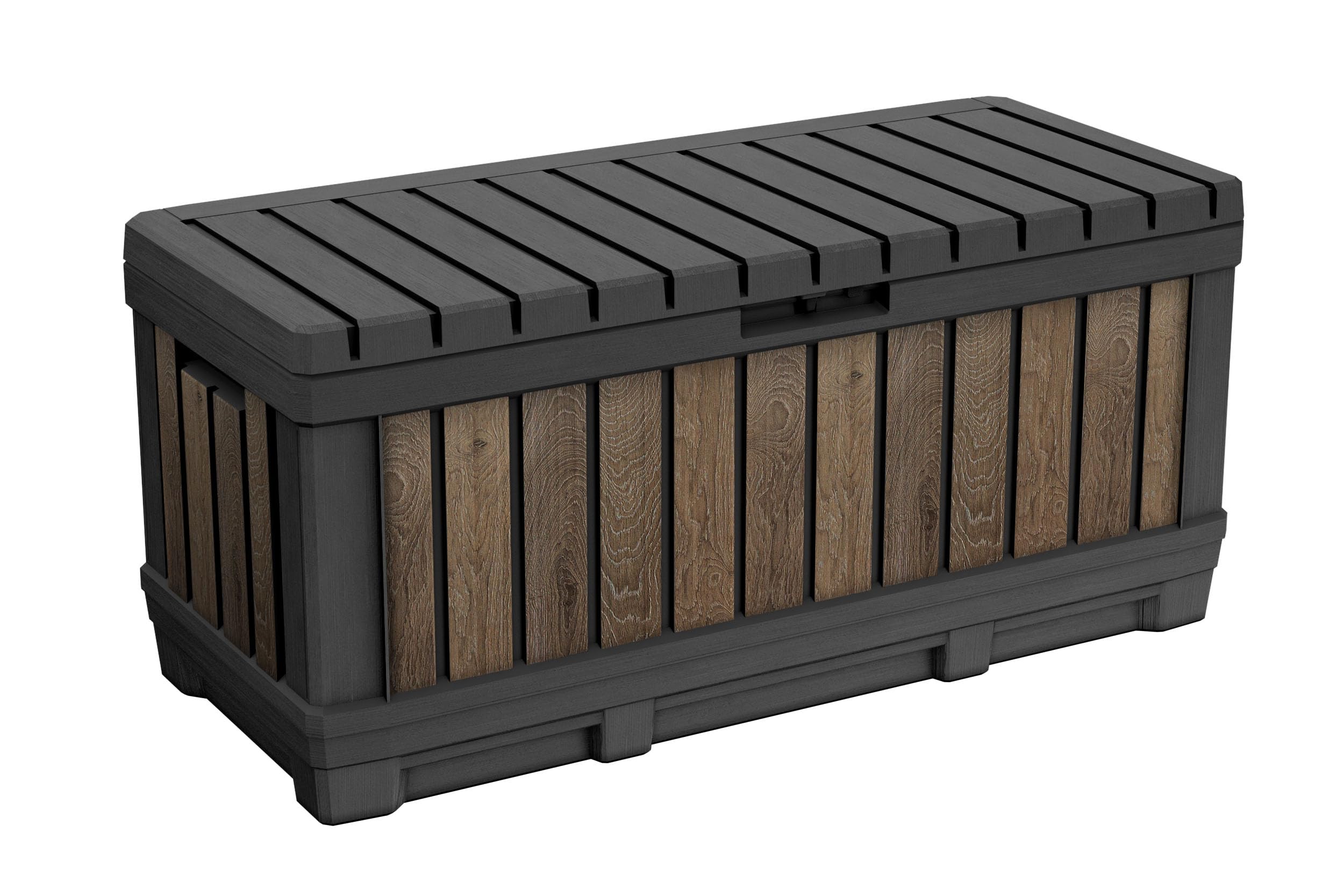 Keter Signature Everwood 30 Gallon Resin Outdoor Storage Box and Patio Furniture Side Table for Pool and Garden Accessories, Walnut