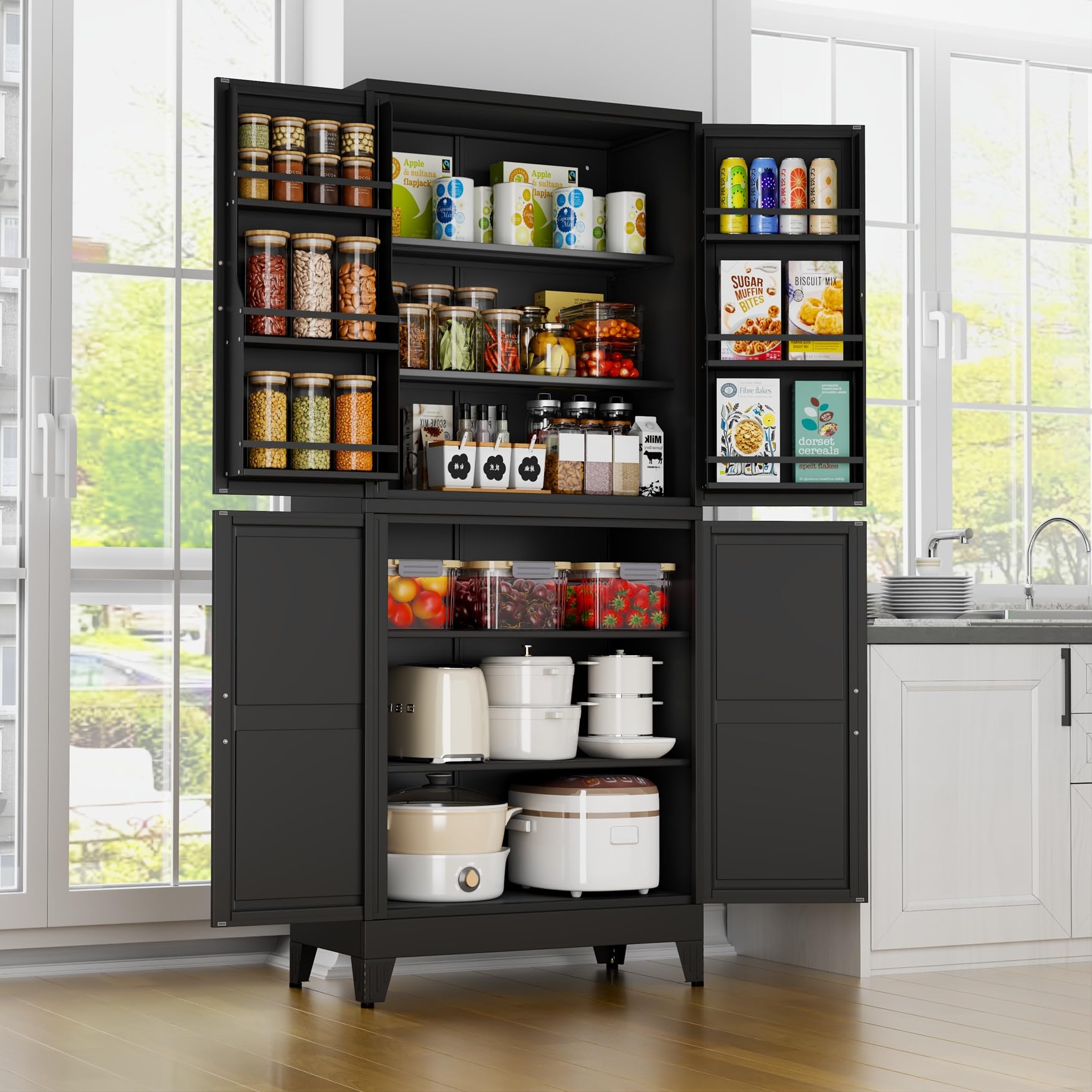 Black Metal Storage Cabinet, 61" Steel Cabinets for Home Office, Kitchen Pantry Storage Cabinet with Doors and 3 Adjustable Shelves, Metal Tool Cabinet, for Office, Home, Garage, School