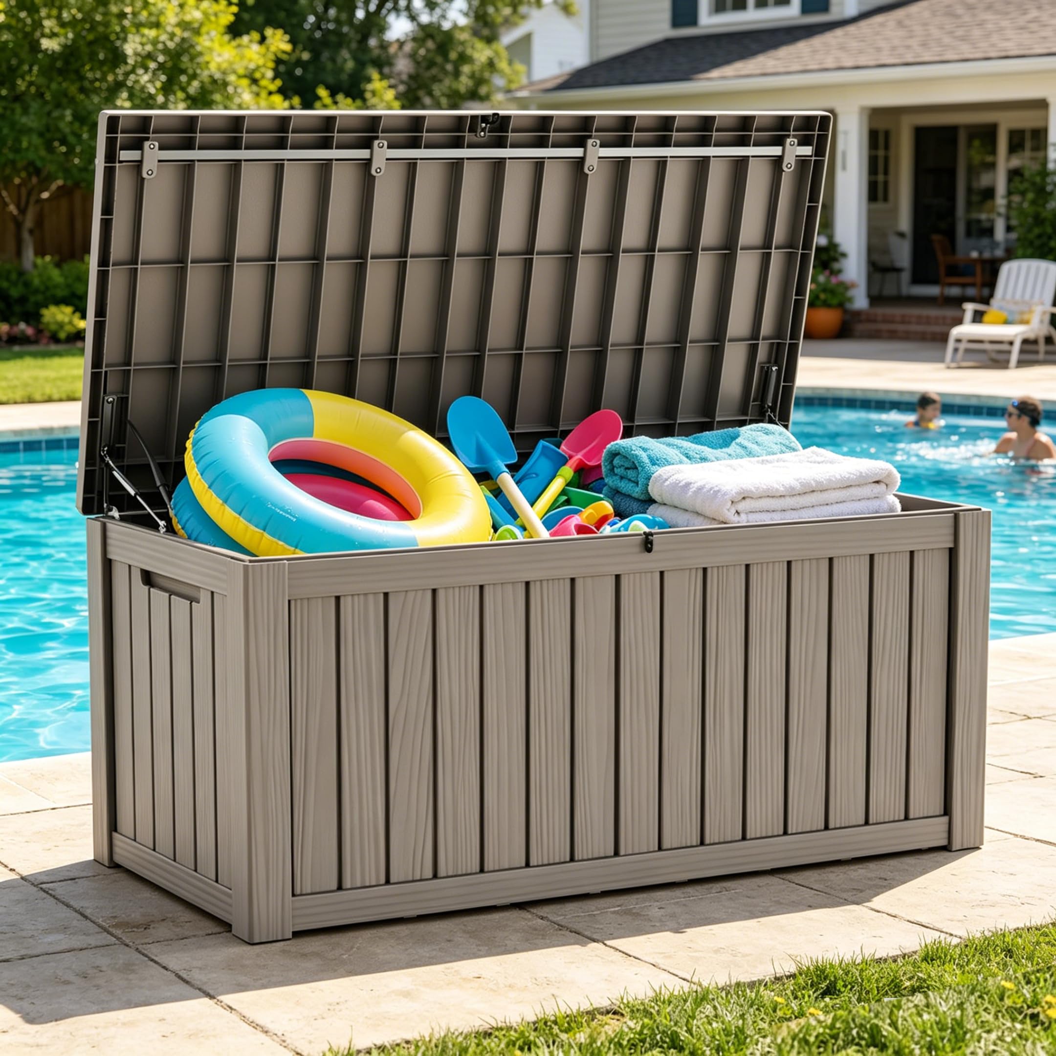 LAUSAINT HOME 100 Gallon Resin Deck Box for Outdoor Storage, Extra Large Waterproof Patio Storage Bench for Cushions and Garden Tools, Lockable Toy Box for Porch and Deck (Light Brown)