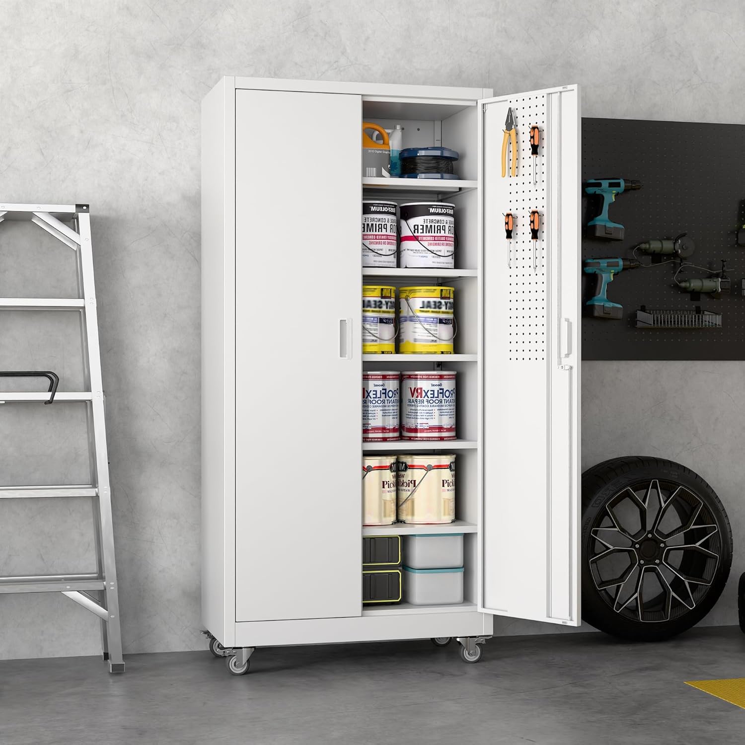 SUXXAN Metal Storage Cabinet with Wheels and Pegboard, 71" Tall Industrial Steel Cabinet with 5 Adjustable Shelves & Locking Doors, Rolling Garage Storage Cabinet for Office, Pantry, Home