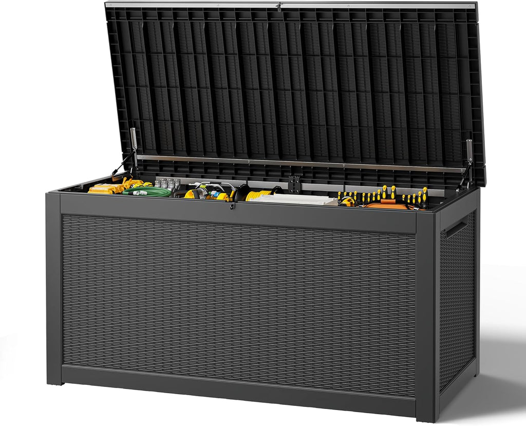 Outdoor Storage Box, Resin Deck Boxes Indoor and outdoor, Waterproof Storage Box Lockable Lid (Black,260 Gallon)