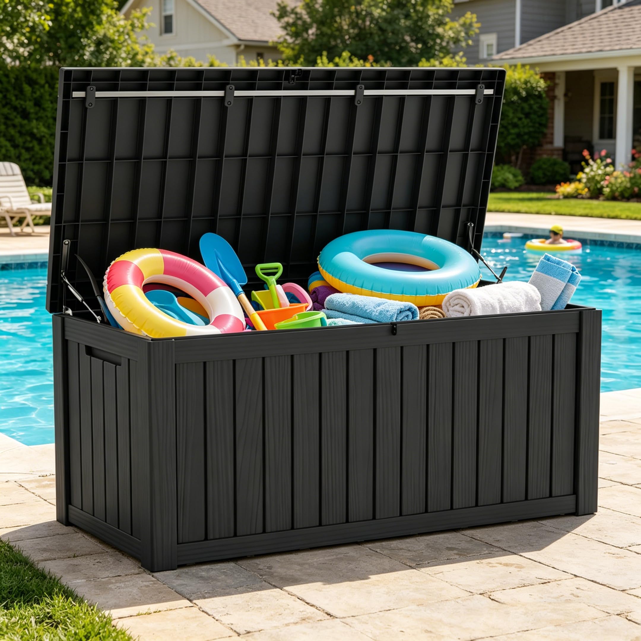 LAUSAINT HOME 100 Gallon Resin Deck Box for Outdoor Storage, Extra Large Waterproof Patio Storage Bench for Cushions and Garden Tools, Lockable Toy Box for Porch and Deck (Light Brown)