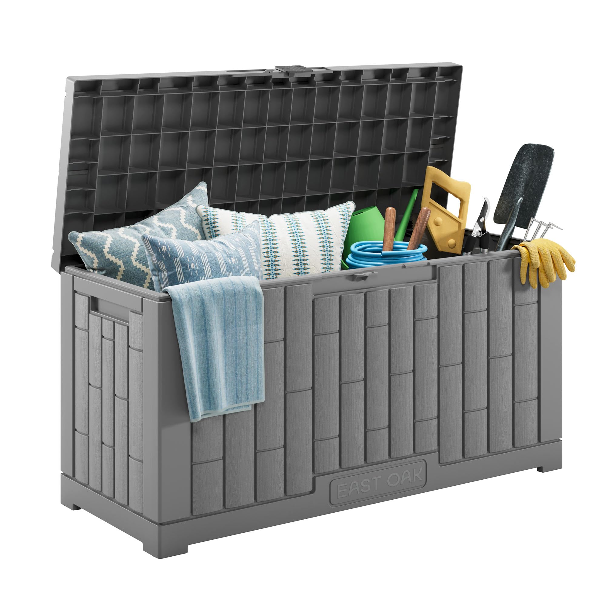 EAST OAK Outdoor Storage Box, 31 Gallon Deck Box Indoor and Outdoor Use, Waterproof Resin Storage Bin for Package Delivery, Patio Cushions, Gardening Tools, Lockable, UV Resistant, Grey