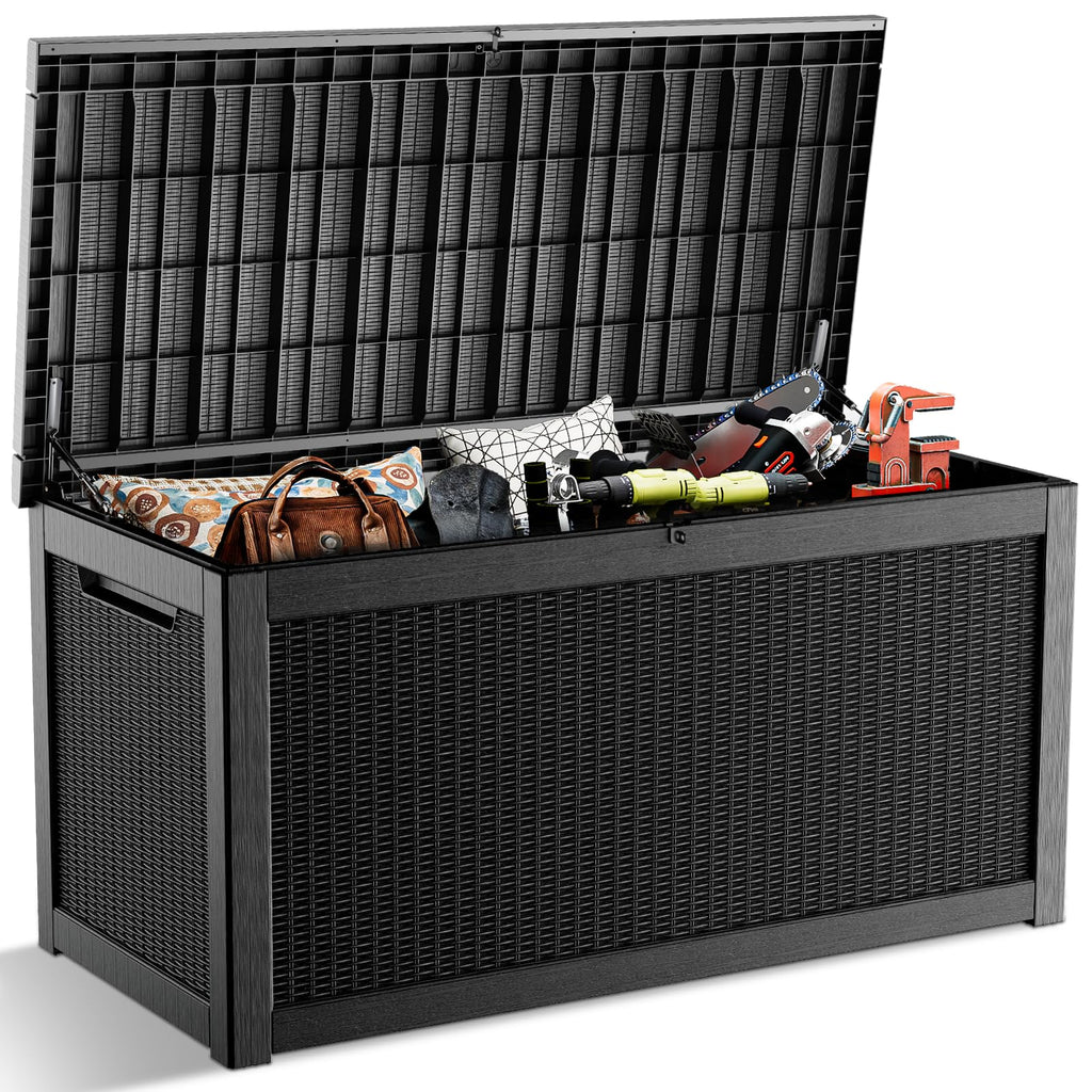 30 Gallon Outdoor Deck Box, Lockable Waterproof Outdoor Storage Boxes For Garden Tools,Indoor Cushions,Accessories Outside Storage Resin Weatherproof Container(Black)