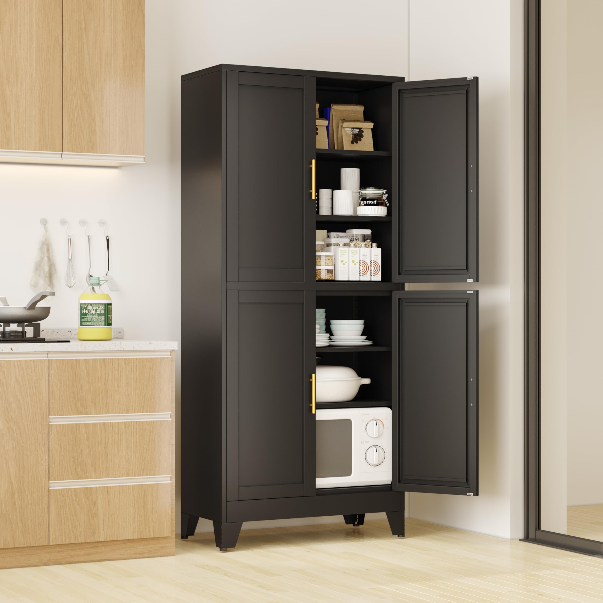 Black Metal Storage Cabinet, 61" Steel Cabinets for Home Office, Kitchen Pantry Storage Cabinet with Doors and 3 Adjustable Shelves, Metal Tool Cabinet, for Office, Home, Garage, School