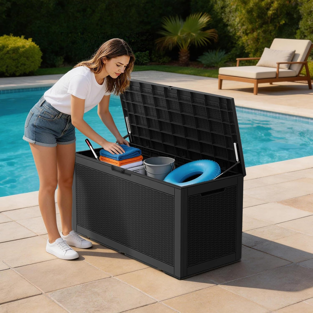 Mars Villa 100 Gallon Outdoor Storage Box, Large Resin Deck Box Waterproof, for Outside Patio Furniture Cushion, Pool Supply, with Hydraulic Hinge, UV-Resistant and Weatherproof, Rattan Black