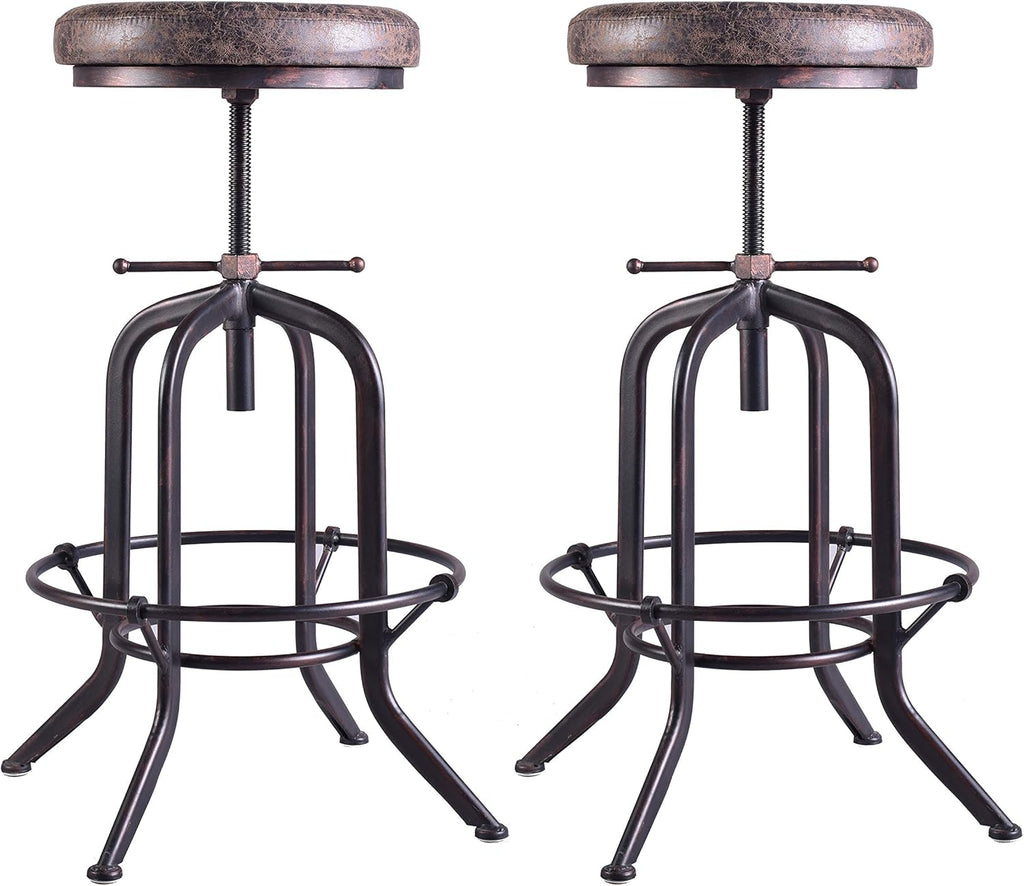 LOKKHAN Set of 2 Industrial Bar Stool-Adjustable Swivel Vintage Pu Leather Bar Stool-Rustic Bar Stool with Cushion-Cast Iron Stool-Coffee Kitchen Stool-Extra Tall Pub Height 29-35 Inch,Fully Welded