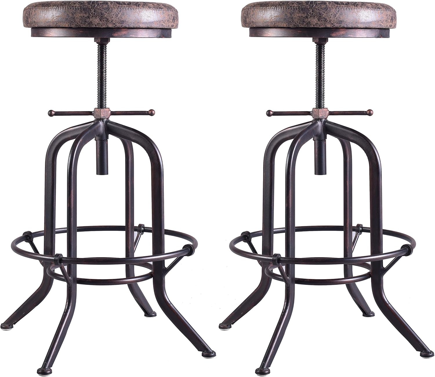 LOKKHAN Set of 2 Industrial Bar Stool-Adjustable Swivel Vintage Pu Leather Bar Stool-Rustic Bar Stool with Cushion-Cast Iron Stool-Coffee Kitchen Stool-Extra Tall Pub Height 29-35 Inch,Fully Welded