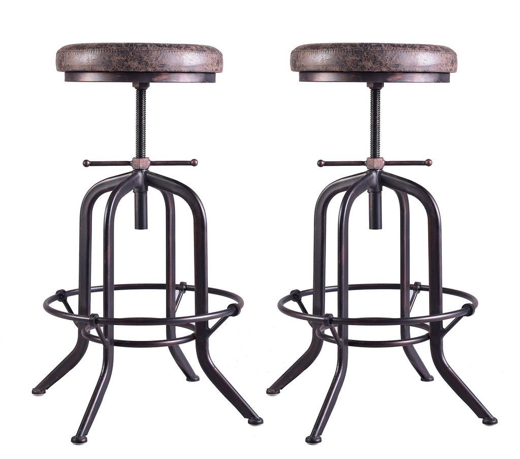 LOKKHAN Set of 2 Industrial Bar Stool-Adjustable Swivel Vintage Pu Leather Bar Stool-Rustic Bar Stool with Cushion-Cast Iron Stool-Coffee Kitchen Stool-Extra Tall Pub Height 29-35 Inch,Fully Welded