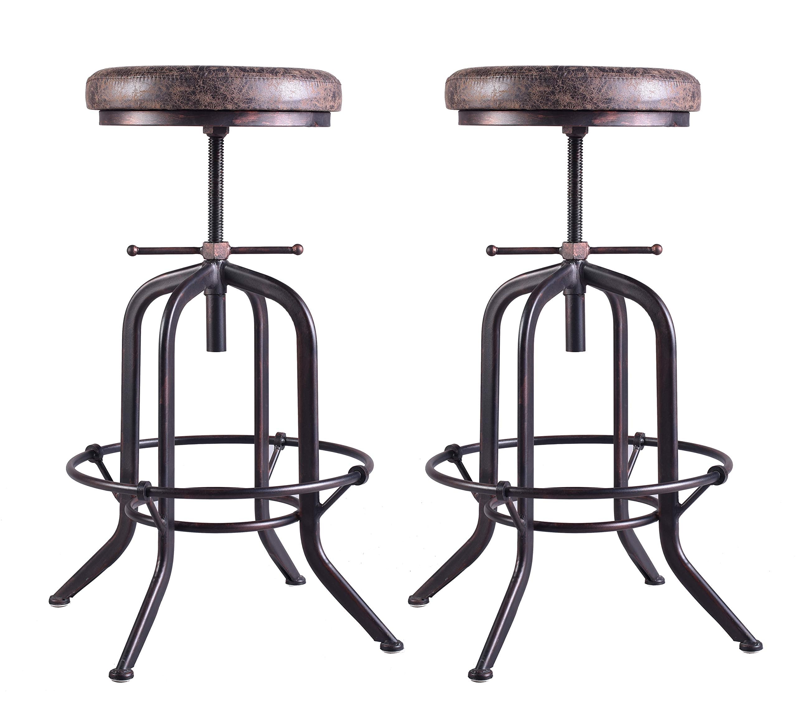 LOKKHAN Set of 2 Industrial Bar Stool-Adjustable Swivel Vintage Pu Leather Bar Stool-Rustic Bar Stool with Cushion-Cast Iron Stool-Coffee Kitchen Stool-Extra Tall Pub Height 29-35 Inch,Fully Welded