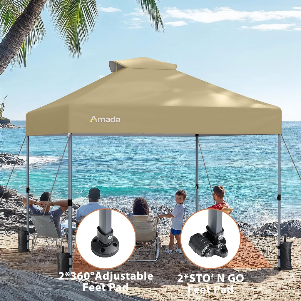 Amada 10x10 Pop Up Canopy Tent, 1-Button Push Easy-up Outdoor Canopy Beach Tent with 3-Height Adjustable Waterproof Shade Shelter, Wheeled STO-N-Go Bag 8 Stakes, 4 SandBags (Khaki)