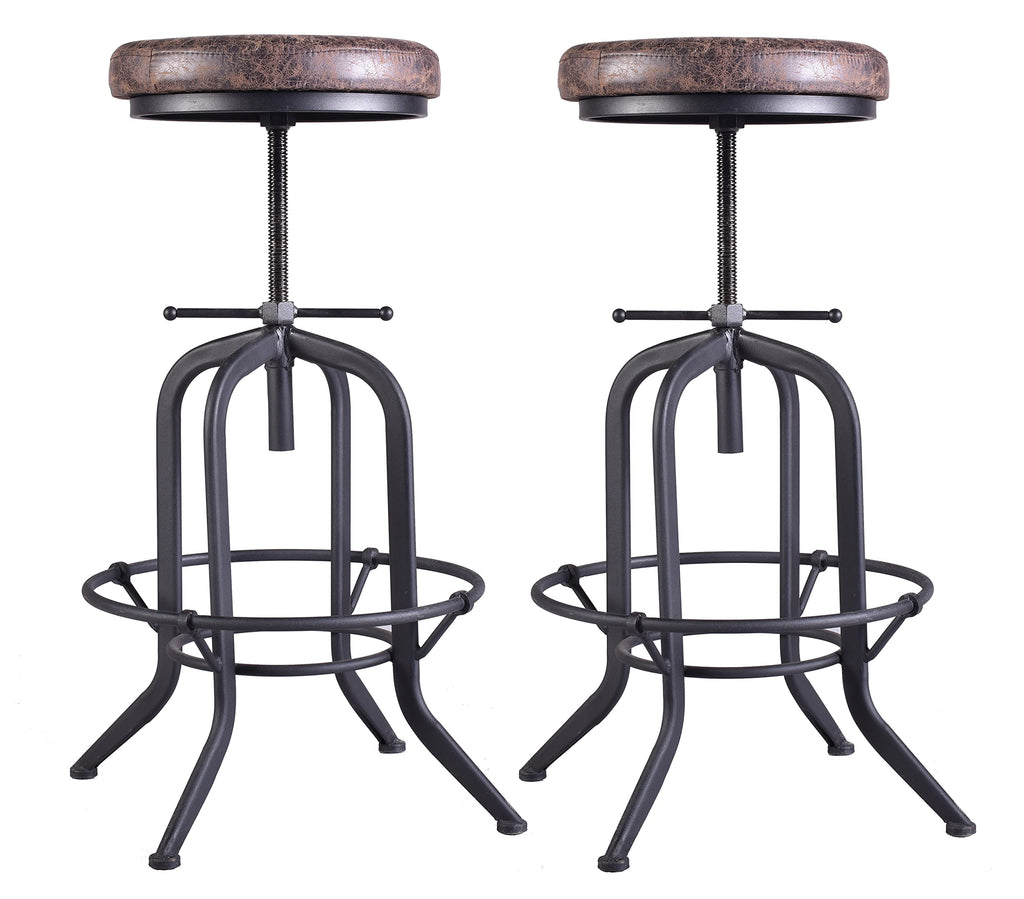 LOKKHAN Set of 2 Industrial Bar Stool-Adjustable Swivel Vintage Pu Leather Bar Stool-Rustic Bar Stool with Cushion-Cast Iron Stool-Coffee Kitchen Stool-Extra Tall Pub Height 29-35 Inch,Fully Welded