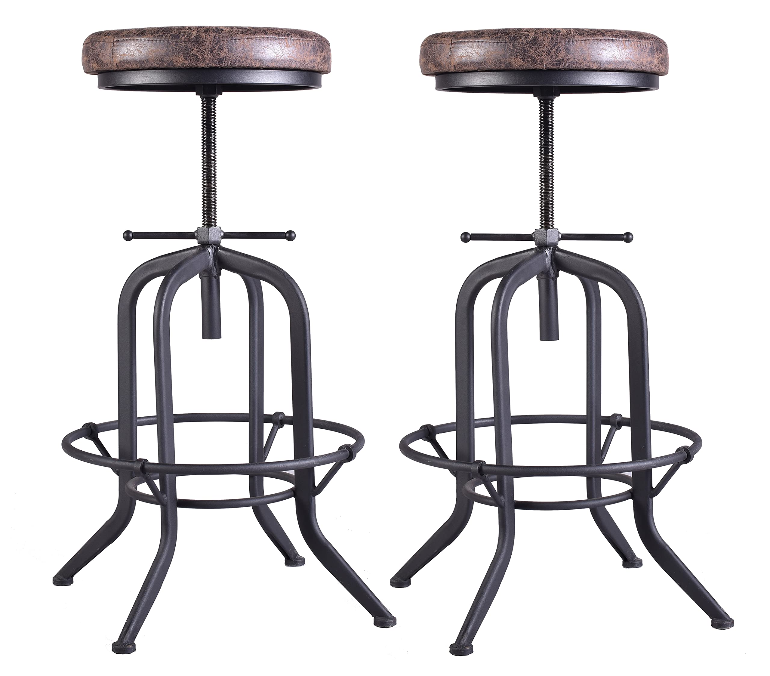 LOKKHAN Set of 2 Industrial Bar Stool-Adjustable Swivel Vintage Pu Leather Bar Stool-Rustic Bar Stool with Cushion-Cast Iron Stool-Coffee Kitchen Stool-Extra Tall Pub Height 29-35 Inch,Fully Welded