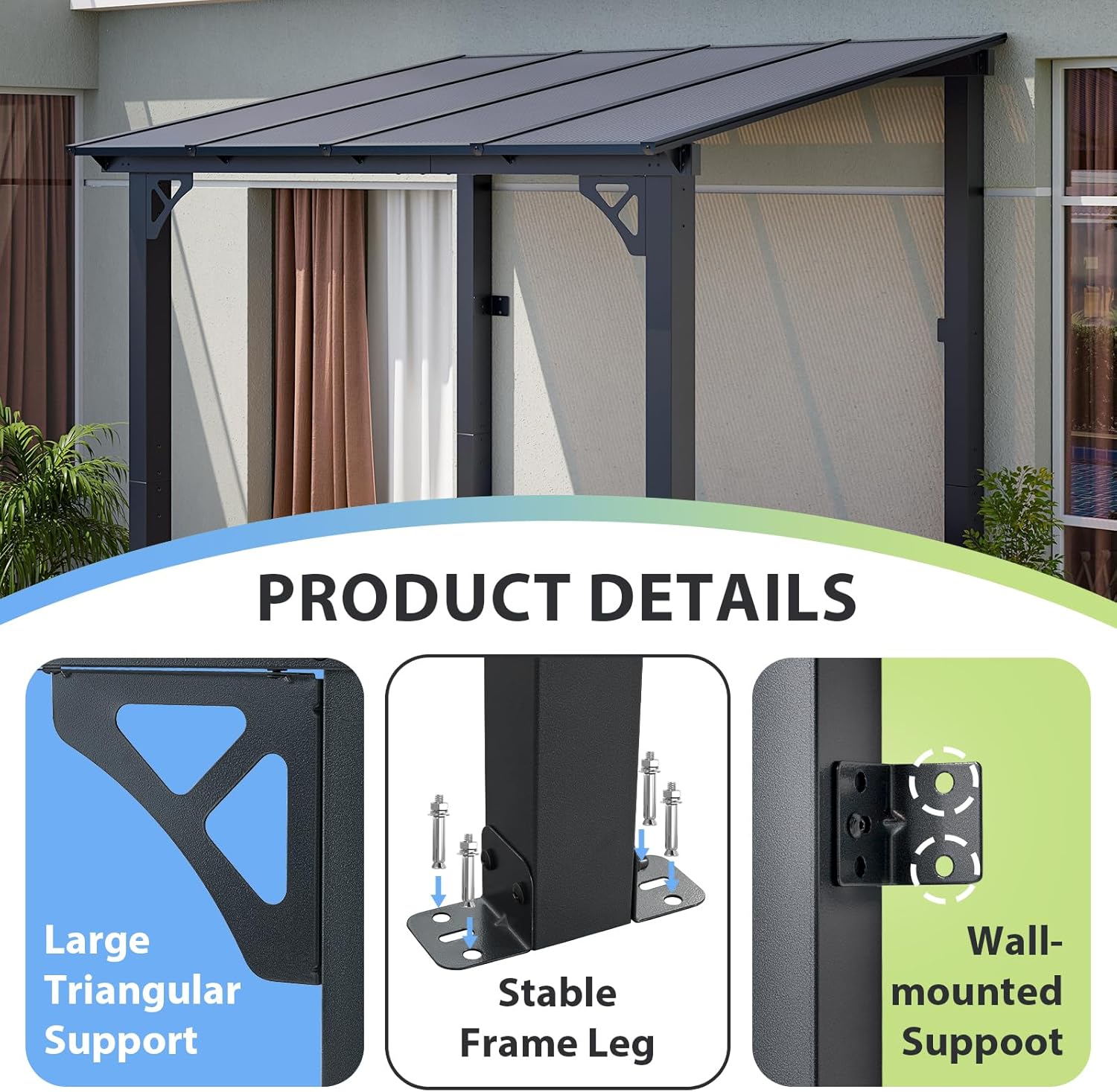 Aoxun 8’x 5’ Premium Gazebo with Aluminum Top Frame & Polycarbonate Panel, Wall Mounted Gazebos Pergola, Outdoor Patio Lean to Gazebo, Awnings with Sloped Roof, for Backyard, Porch, Deck