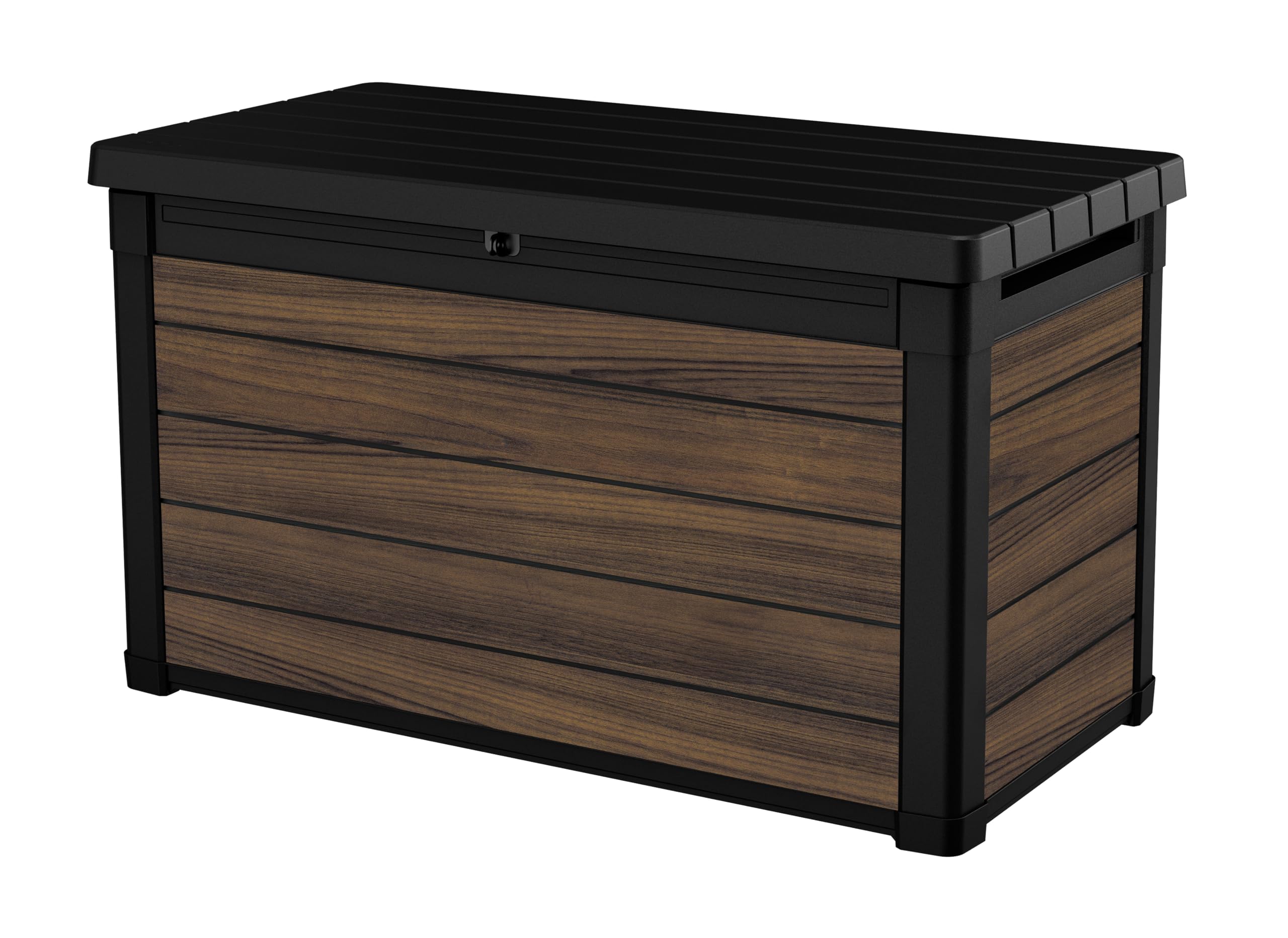 Keter Signature Everwood 30 Gallon Resin Outdoor Storage Box and Patio Furniture Side Table for Pool and Garden Accessories, Walnut