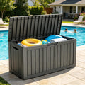 LAUSAINT HOME 100 Gallon Resin Deck Box for Outdoor Storage, Extra Large Waterproof Patio Storage Bench for Cushions and Garden Tools, Lockable Toy Box for Porch and Deck (Light Brown)