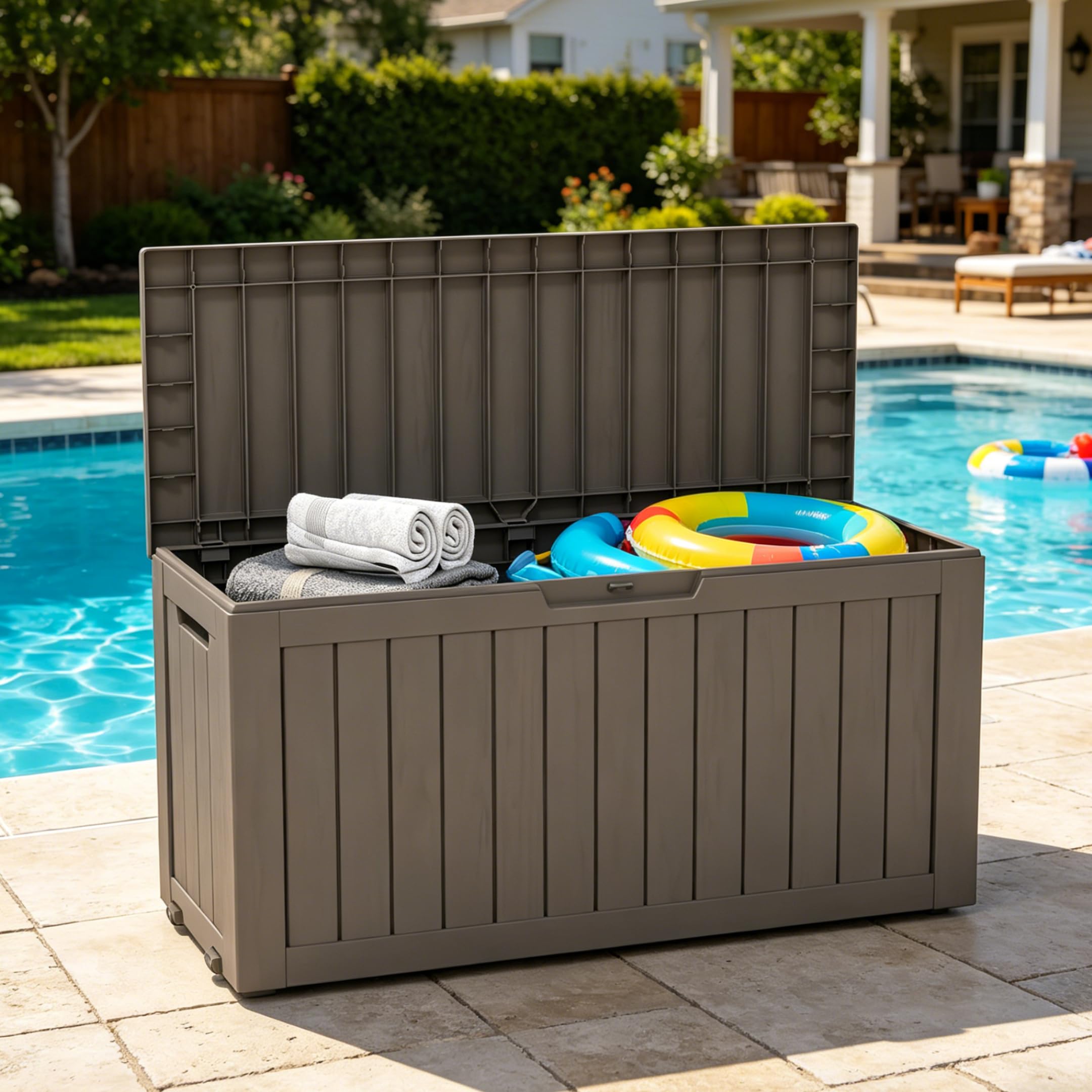 LAUSAINT HOME 100 Gallon Resin Deck Box for Outdoor Storage, Extra Large Waterproof Patio Storage Bench for Cushions and Garden Tools, Lockable Toy Box for Porch and Deck (Light Brown)