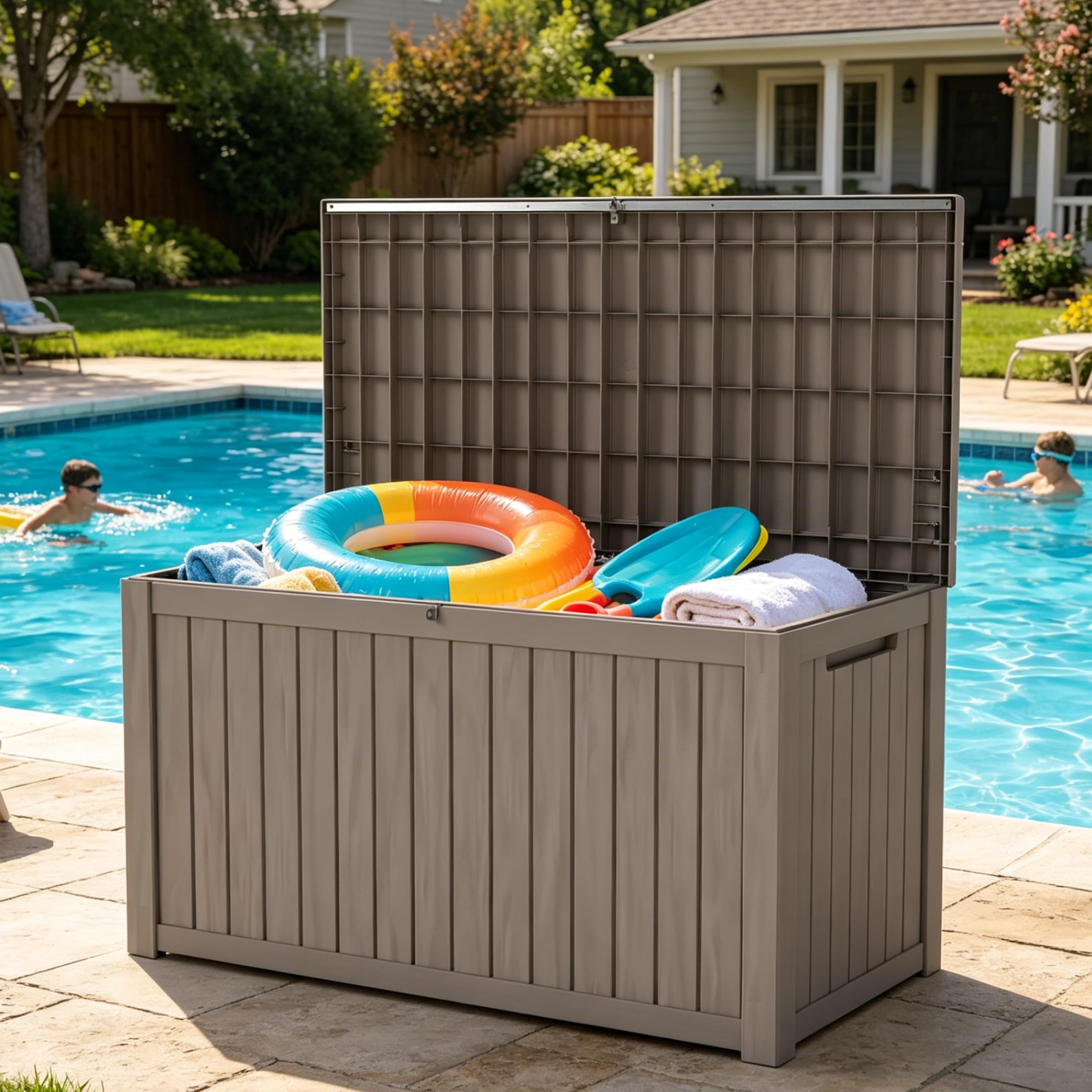 LAUSAINT HOME 100 Gallon Resin Deck Box for Outdoor Storage, Extra Large Waterproof Patio Storage Bench for Cushions and Garden Tools, Lockable Toy Box for Porch and Deck (Light Brown)