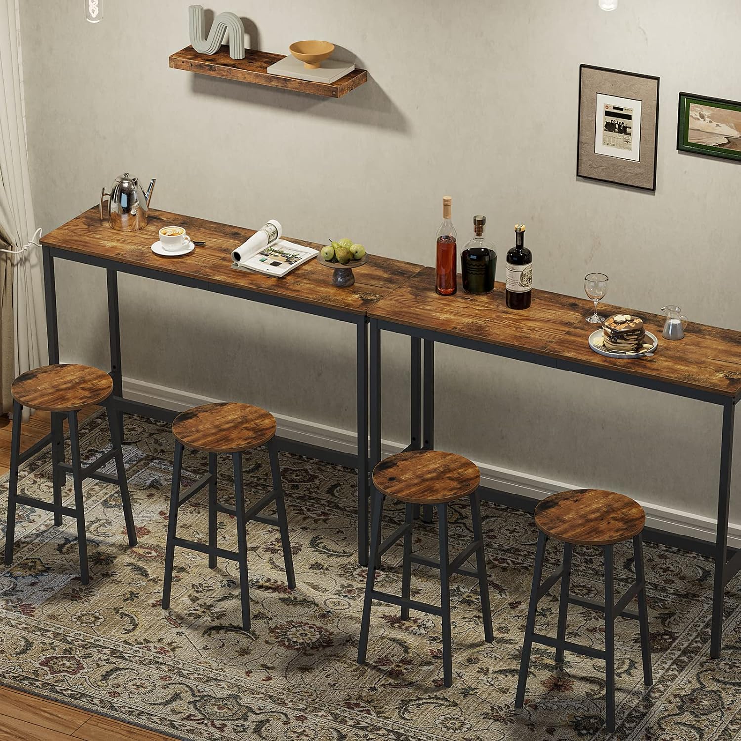 MAHANCRIS Bar Stools, Set of 2 Round Bar Chairs with Footrest, 24.4 Inch Kitchen Breakfast Bar Stools, Industrial Bar Stools, Easy Assembly, for Dining Room, Kitchen, Rustic Brown BAHR0201Z