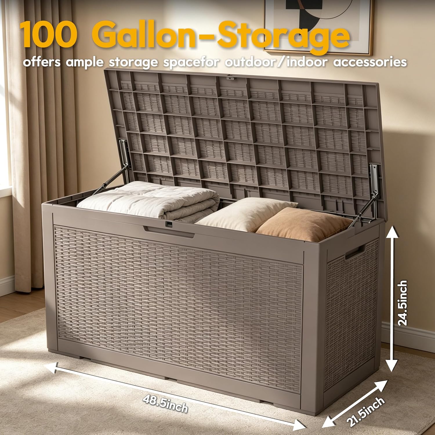 LAUSAINT HOME 100 Gallon Resin Deck Box for Outdoor Storage, Extra Large Waterproof Patio Storage Bench for Cushions and Garden Tools, Lockable Toy Box for Porch and Deck (Light Brown)