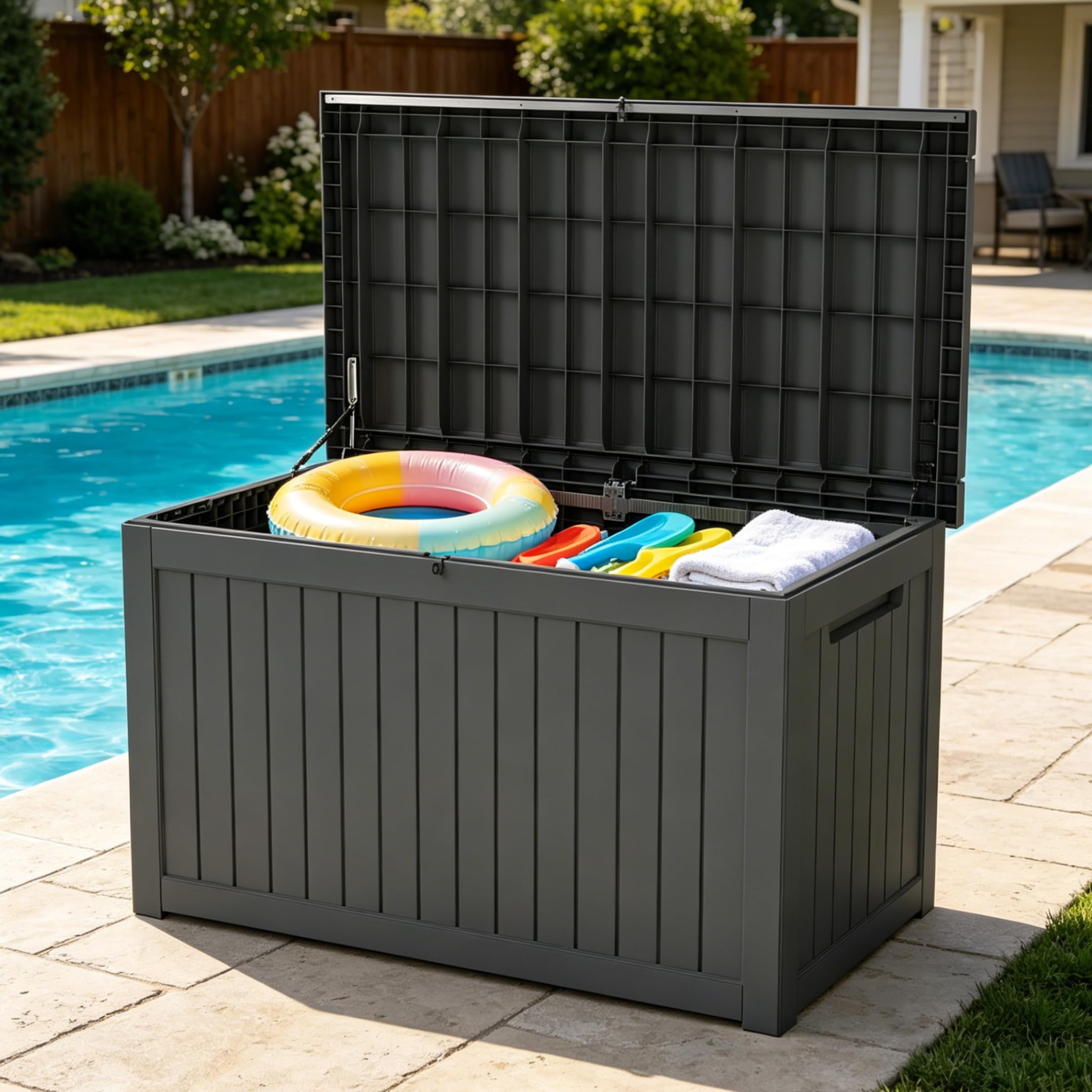 LAUSAINT HOME 100 Gallon Resin Deck Box for Outdoor Storage, Extra Large Waterproof Patio Storage Bench for Cushions and Garden Tools, Lockable Toy Box for Porch and Deck (Light Brown)