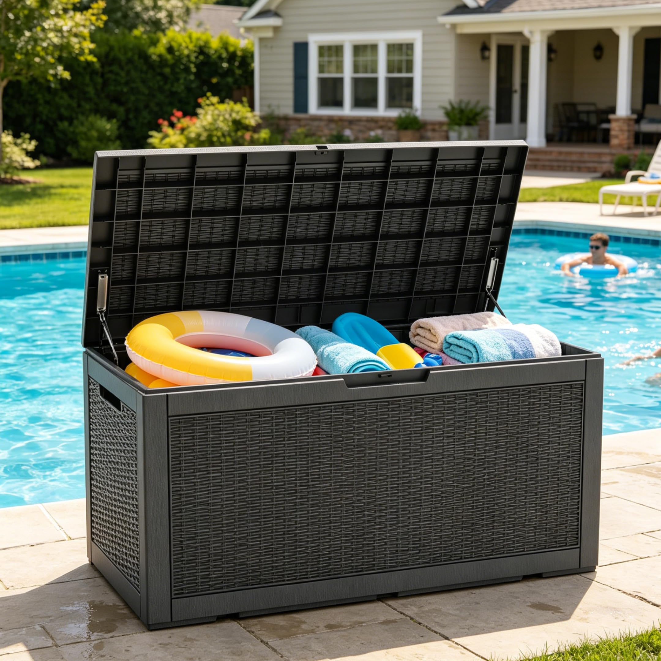 LAUSAINT HOME 100 Gallon Resin Deck Box for Outdoor Storage, Extra Large Waterproof Patio Storage Bench for Cushions and Garden Tools, Lockable Toy Box for Porch and Deck (Light Brown)