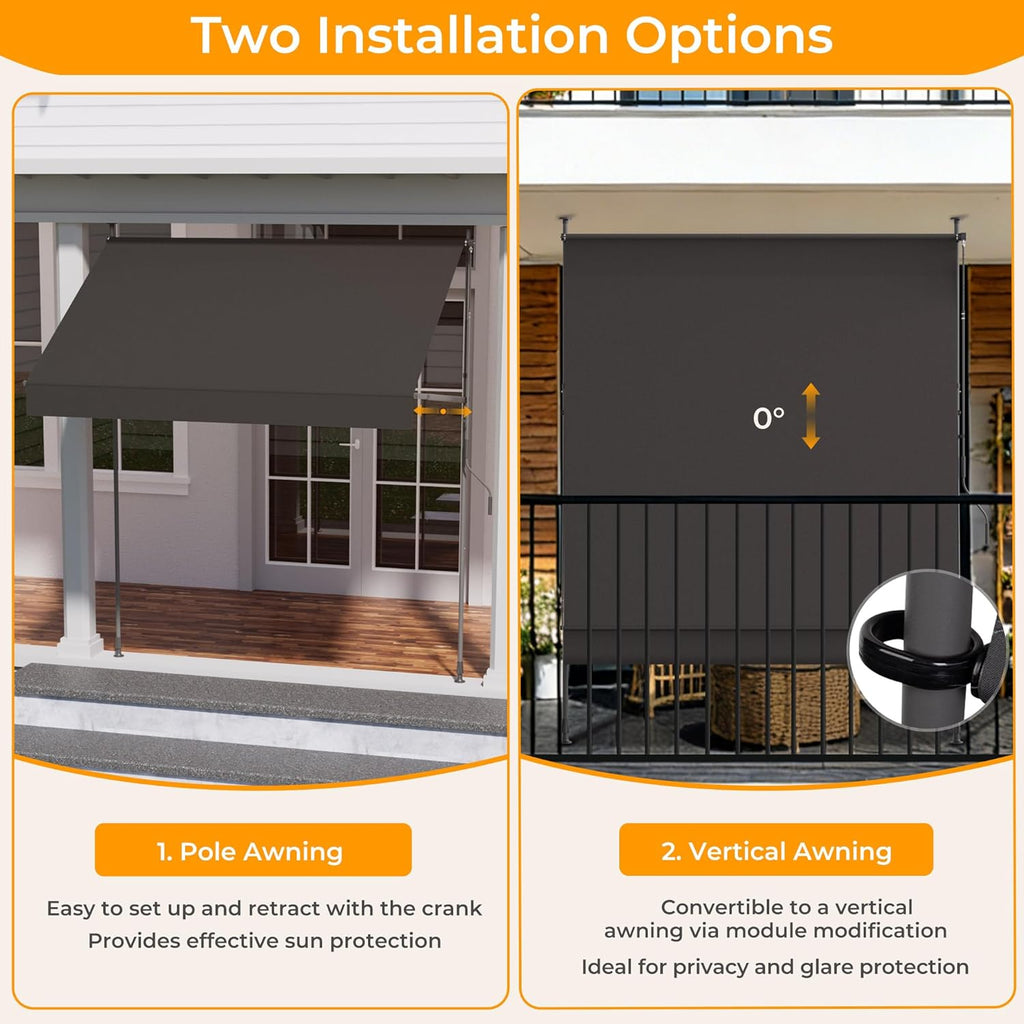 HOMEDEMO Manual Retractable Awning, 79" W x 118" H Retractable Side Bar 47-59", Outdoor Patio Awnings Height Adjustable 82-118", NO Drilling Awings for Backyard Garden Porch Outside Carbon Gray