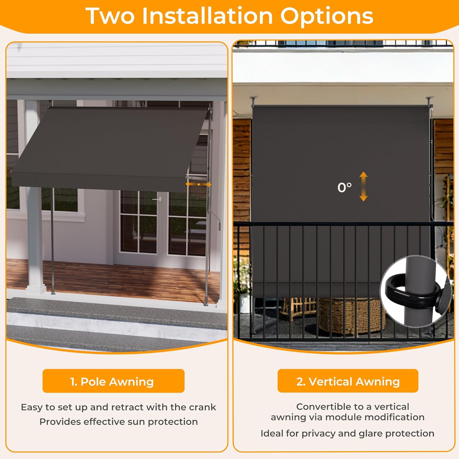 HOMEDEMO Manual Retractable Awning, 79" W x 118" H Retractable Side Bar 47-59", Outdoor Patio Awnings Height Adjustable 82-118", NO Drilling Awings for Backyard Garden Porch Outside Carbon Gray