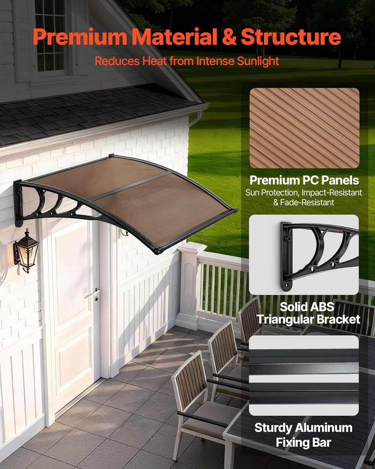 VEVOR Awnings for Door Entrance, 38" x 40" Window Door Awning Canopy Exterior with Drainage & ABS Bracket, Polycarbonate Cover Patio Door Awnings for Sun, UV, Rain, Snow Protection（Brown）