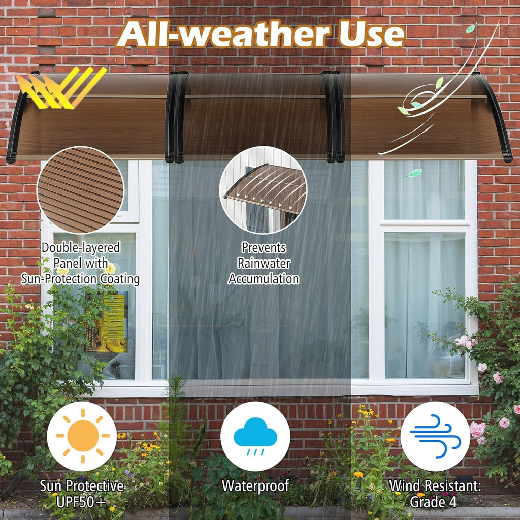 Tangkula 40" x 48" Window Awning, Modern Polycarbonate Overhead Door Awning with Hollow Sheet for Rain Snow Sunlight Protection, UPF 50+ Awnings for Patio, Door, Deck, Porch
