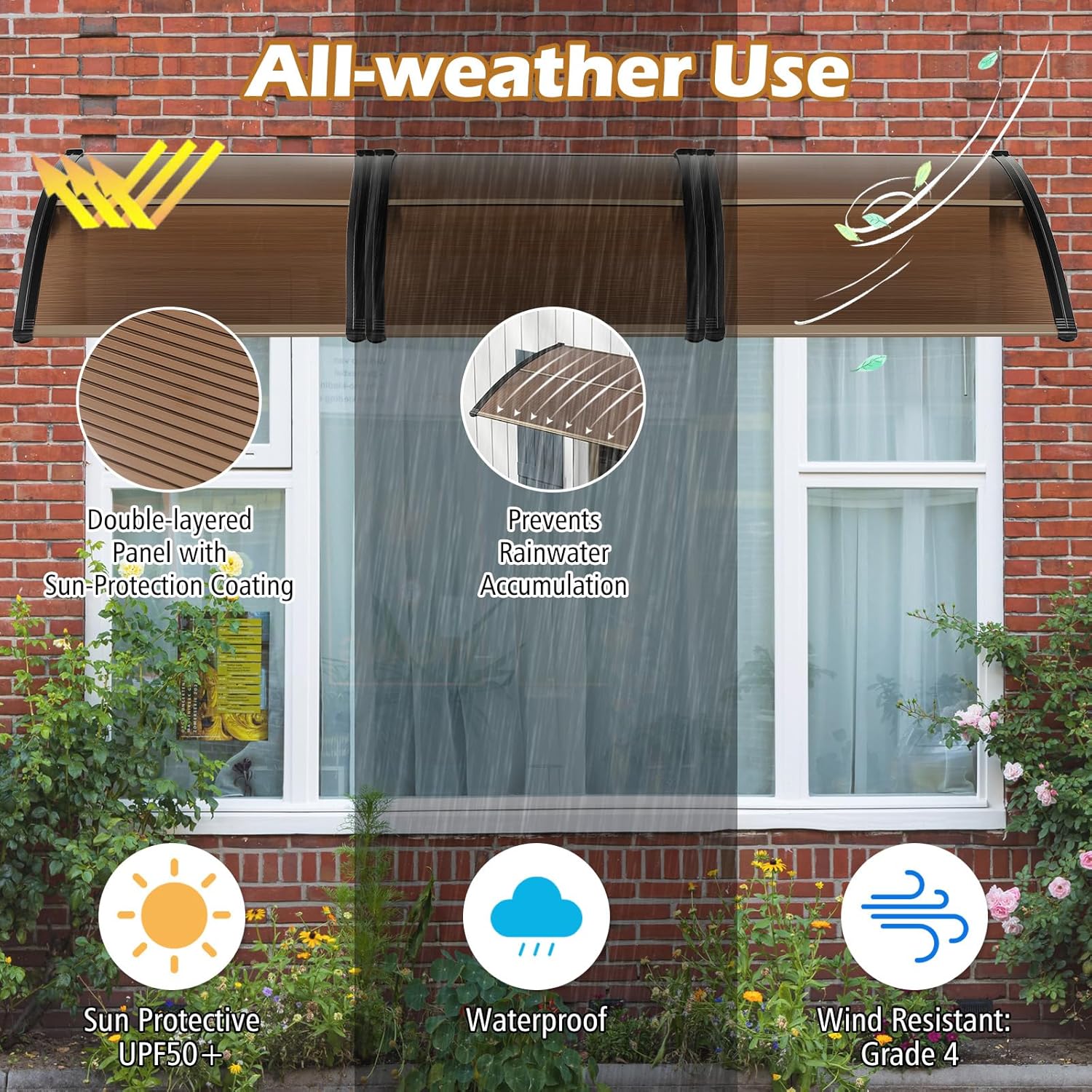 Tangkula 40" x 48" Window Awning, Modern Polycarbonate Overhead Door Awning with Hollow Sheet for Rain Snow Sunlight Protection, UPF 50+ Awnings for Patio, Door, Deck, Porch