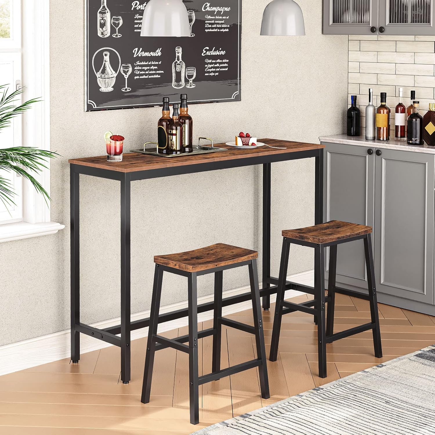 HOOBRO Bar Stools, Set of 2 Bar Chairs, 23.6 Inch Saddle Stools, Kitchen Counter Seat with Footrests, Industrial Barstools for Dining Room, Kitchen, Counter, Rustic Brown and Black BF02MD01
