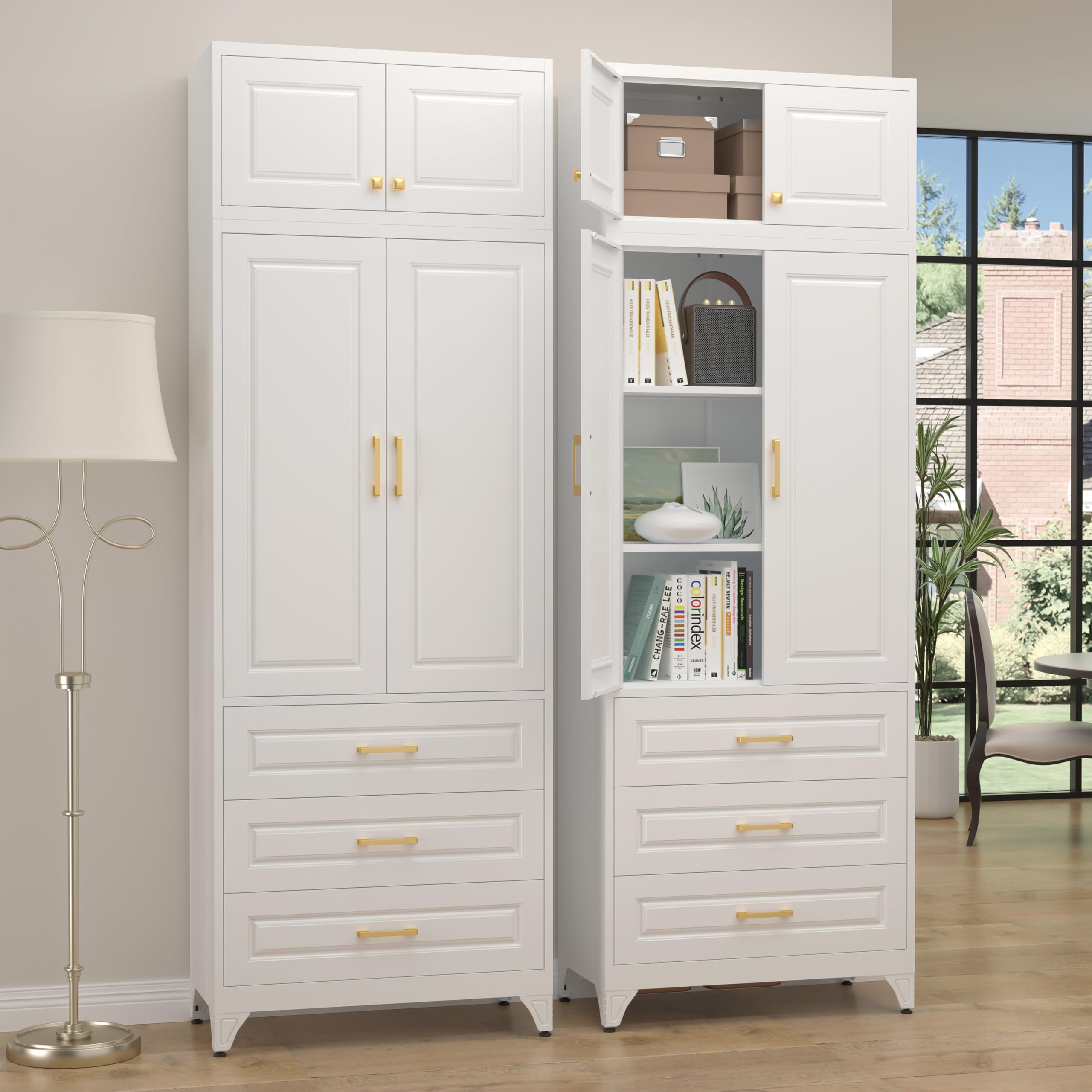 SteeLoong Kitchen Pantry Cabinet,71”Black Metal Pantry Storage Cabinet with Doors and 4 Adjustable Shelves,Kitchen Cabinet with 2 Gold Handles,Tall Cabinet for Livingroom,Pantry, Bathroom