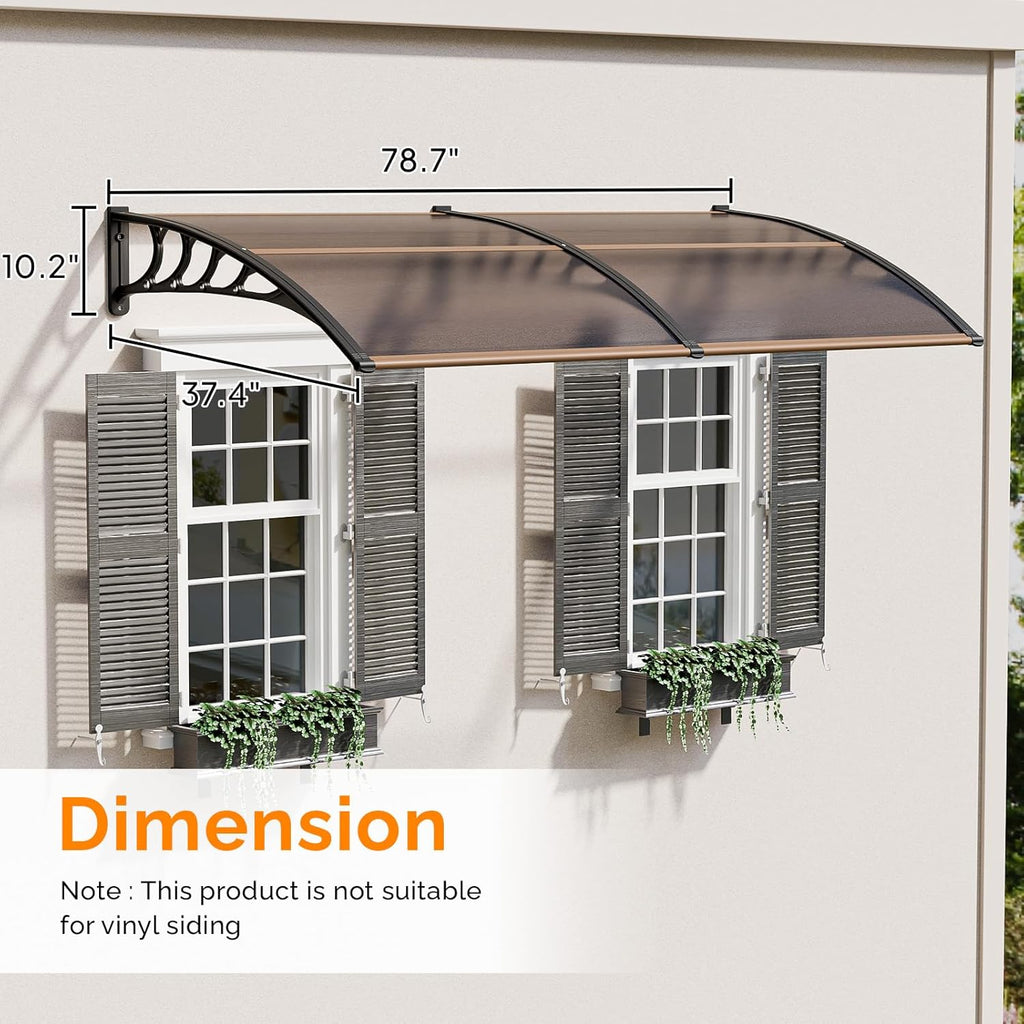 VINGLI Window Awning Door Canopy Exterior, 40" x 80" Awnings for Doors Polycarbonate Cover Patio Door Awning Rain Snow Sunlight Protection Hollow Sheet (Brown Board & Black Bracket)