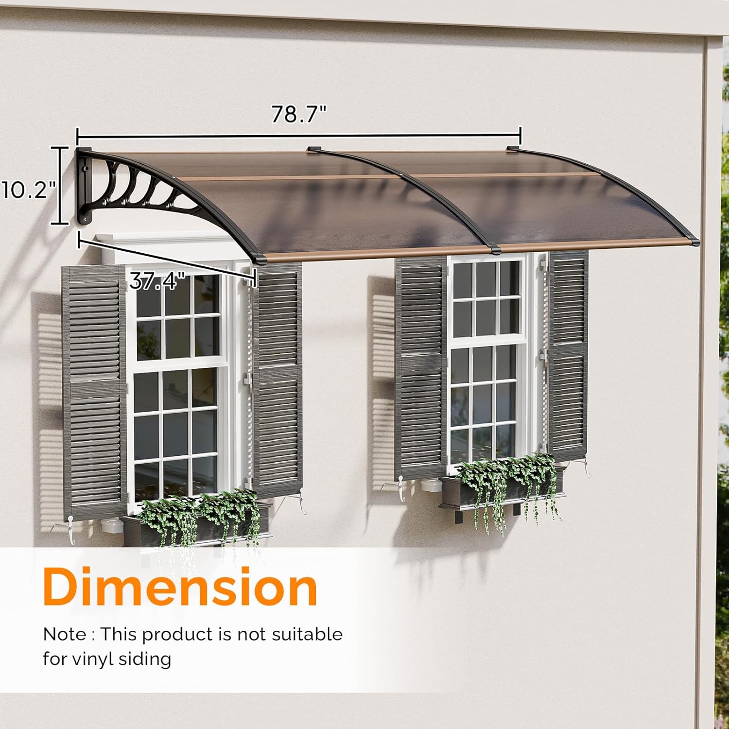 VINGLI Window Awning Door Canopy Exterior, 40" x 80" Awnings for Doors Polycarbonate Cover Patio Door Awning Rain Snow Sunlight Protection Hollow Sheet (Brown Board & Black Bracket)