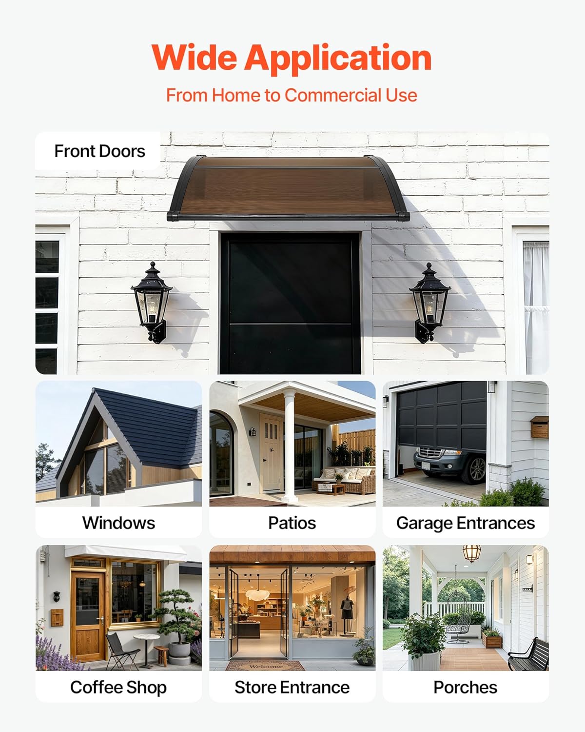 VEVOR Awnings for Door Entrance, 38" x 40" Window Door Awning Canopy Exterior with Drainage & ABS Bracket, Polycarbonate Cover Patio Door Awnings for Sun, UV, Rain, Snow Protection（Brown）