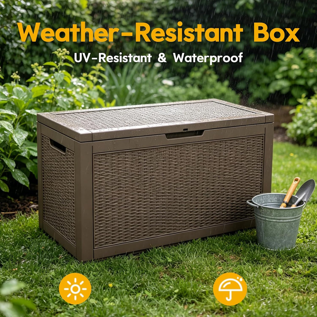 LAUSAINT HOME 100 Gallon Resin Deck Box for Outdoor Storage, Extra Large Waterproof Patio Storage Bench for Cushions and Garden Tools, Lockable Toy Box for Porch and Deck (Light Brown)
