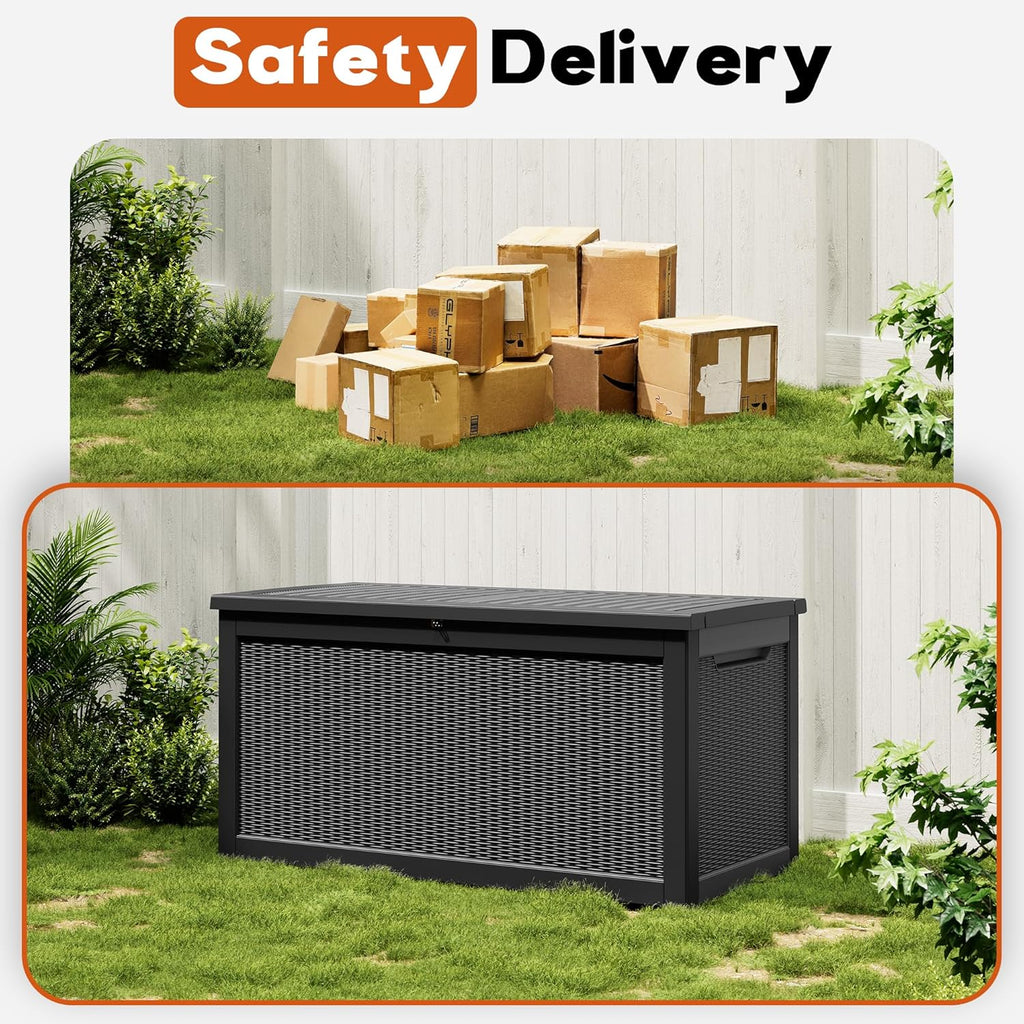 Outdoor Storage Deck Boxes Waterproof, Waterproof and UV Resistant Outdoor Storage Box Lockable Lid for Delivery Box, Indoor, Garden Tools, Pool Supplies, Patio (Black, 300 Gallon)