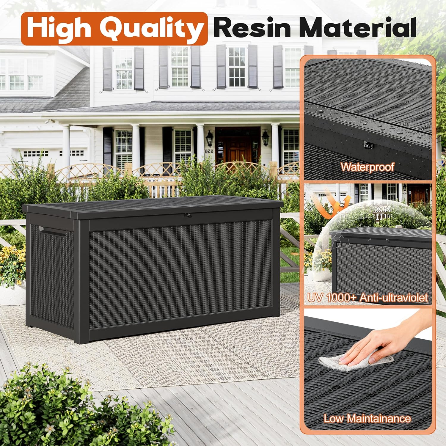 Outdoor Storage Box, Resin Deck Boxes Indoor and outdoor, Waterproof Storage Box Lockable Lid (Black,260 Gallon)
