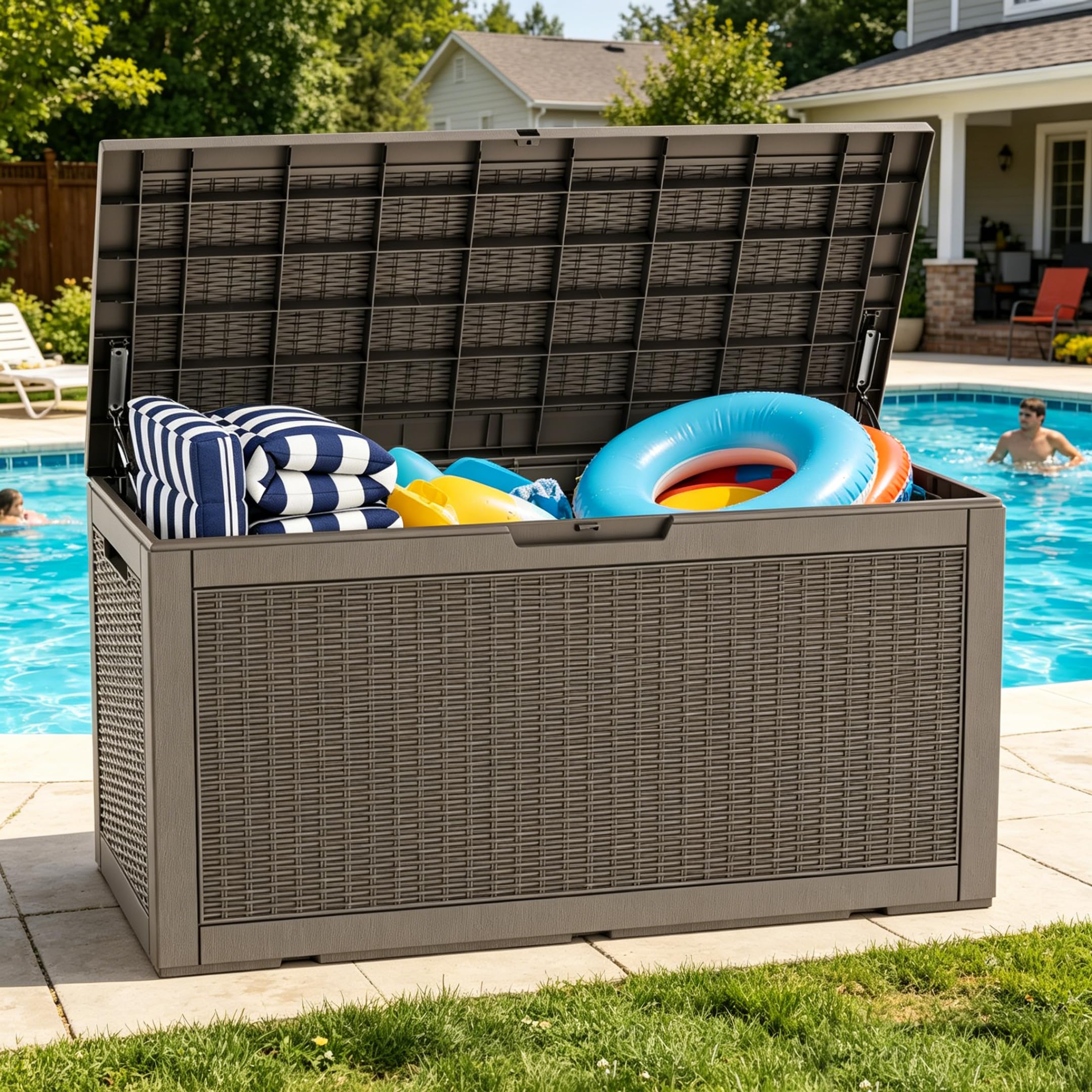 LAUSAINT HOME 100 Gallon Resin Deck Box for Outdoor Storage, Extra Large Waterproof Patio Storage Bench for Cushions and Garden Tools, Lockable Toy Box for Porch and Deck (Light Brown)