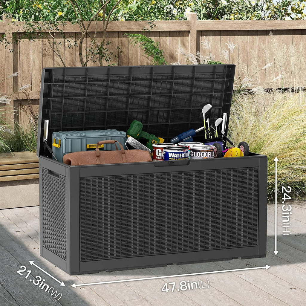Mars Villa 100 Gallon Outdoor Storage Box, Large Resin Deck Box Waterproof, for Outside Patio Furniture Cushion, Pool Supply, with Hydraulic Hinge, UV-Resistant and Weatherproof, Rattan Black