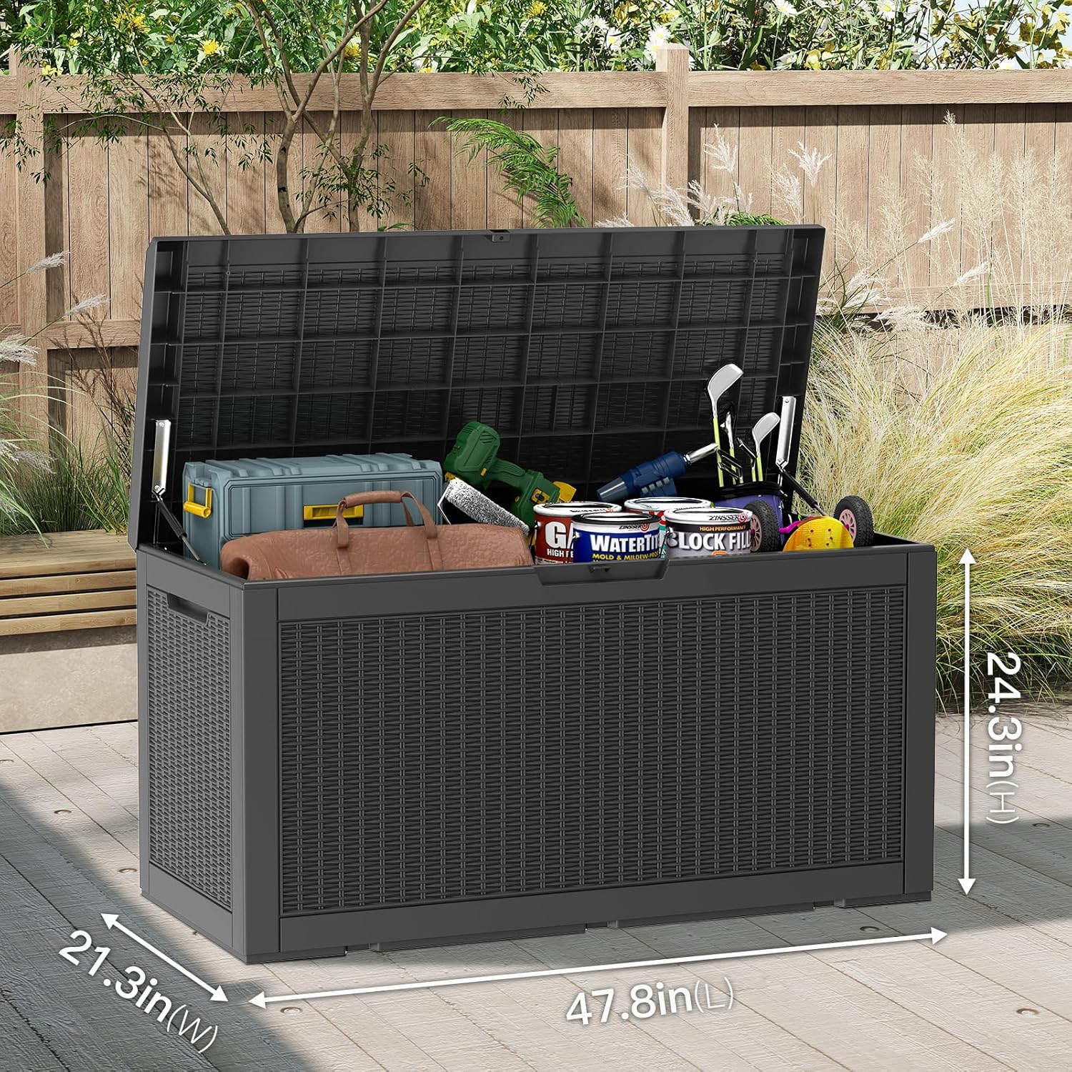 Mars Villa 100 Gallon Outdoor Storage Box, Large Resin Deck Box Waterproof, for Outside Patio Furniture Cushion, Pool Supply, with Hydraulic Hinge, UV-Resistant and Weatherproof, Rattan Black